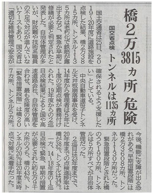 2021年8月26日 中国新聞　国交省点検　橋2万3815ヵ所危険、トンネルは1135ヵ所 | 近未来コンクリート研究会